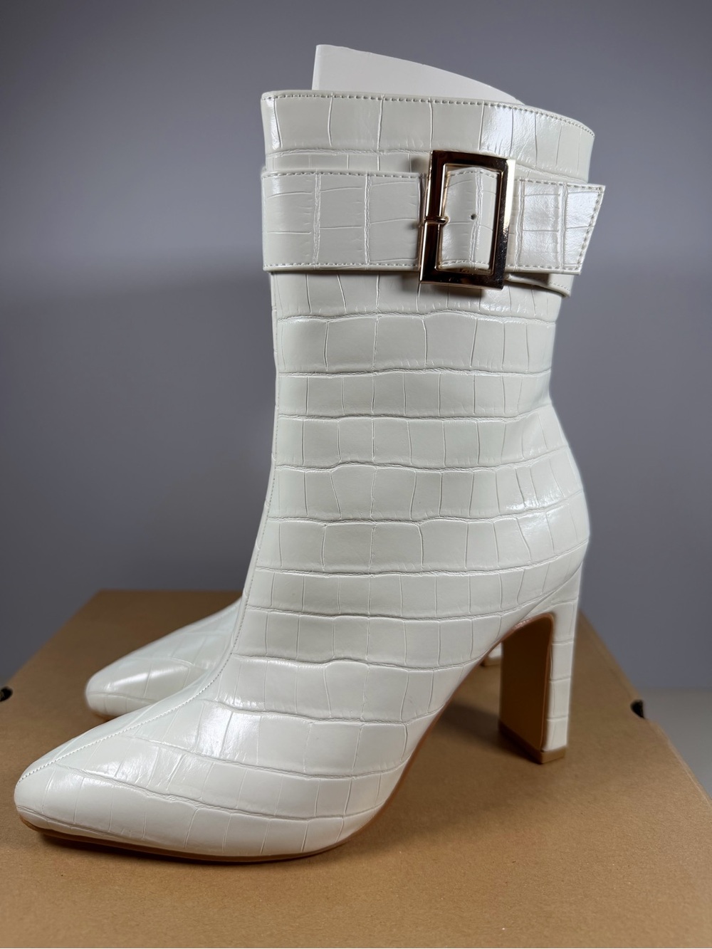Dreamers White Croc-Embossed High Heel Ankle Boots with Buckle Strap